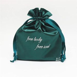 Custom Dark Green Satin Drawstring Bags with Embroidery Smooth Silk Lingerie Dust Storage Stylish Gift Satin Bags