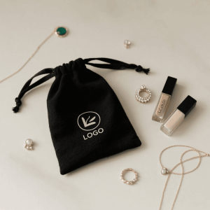 Custom Logo Black Organic Cotton Drawstring Bags for Jewelry and Cosmetics Storage with Black Ribbon Closure