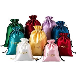 Custom Luxury Silk Jewelry Packing Dust Bags Large Drawstring Gift Bag for Cosmetic Lingerie Handbags Satin Pouch
