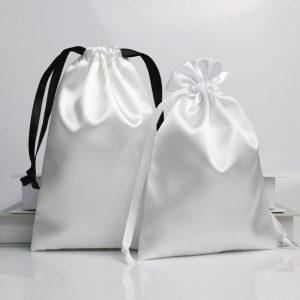 Custom Printing Logo White Satin Drawstring Dust Bag Reusable Luxury Silk Satin Lingerie Packing Shopping Pouch