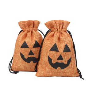 Eco-Friendly Linen Small Sachet Custom Logo Printed Helloween Candy Pumpkin Linen Pouch Drawstring Gift Jute Bags Rings Glasses