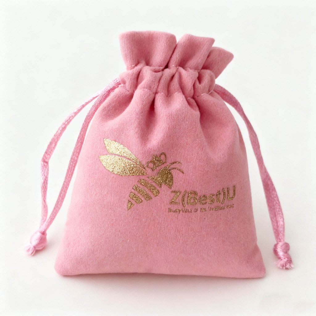 Luxury Brand Jewelry Packing Custom Printing Logo Pink Velvet Jewelry Bag Suede Velvet Drawstring Pouch Dust Bag