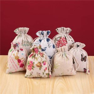 Recyclable Ready-Made Printed Cotton Linen Drawstring Storage Bags for Jewelry Gift Packaging with Customizable Logo