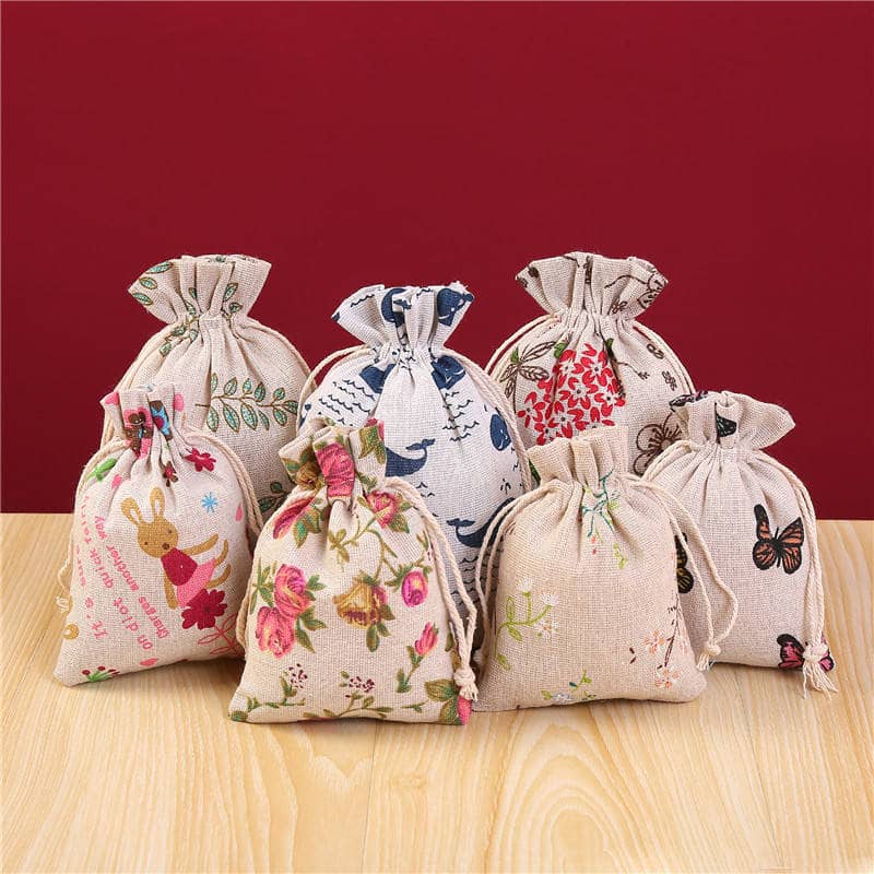 Recyclable Ready-Made Printed Cotton Linen Drawstring Storage Bags for Jewelry Gift Packaging with Customizable Logo
