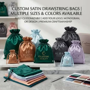 RTS Custom Luxury Silk Wigs Packing Dust Bags Quality Drawstring Gift Bag for Cosmetic Jewellery Lingerie Handbags Hair Satin Pouch