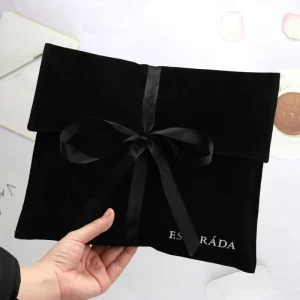 Customized Black Suede Dust Bag Flap Envelope Gift Velvet Packing With Ribbon Clothes Hair Bundle Wigs Jewelry Envelope Pouch