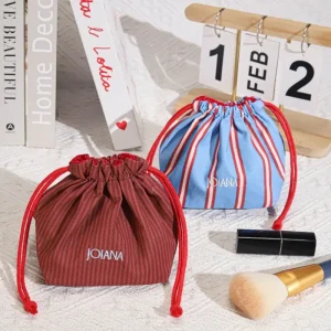 High End Stripe Cotton Linen Round Bottom Cosmetic Gift Dust Bag Custom Logo Printed Muslin Makeup Perfume Cotton Drawstring Bag