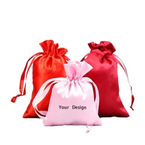 RTS Luxury Custom logo Printing Black Satin Cloth Pink Gift Drawstring Bag Packaging Red Draw String Bag logo