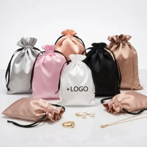 RTS Luxury Satin Pouch Drawstring Custom Logo Printed Dust Bag Available Silk White Black for Textile Packaging Gifts Promotions