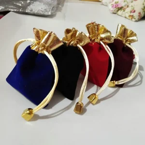 RTS Small Velvet Drawstring Pouch Bag, Gold Color Drawstring and Black Velvet Bag