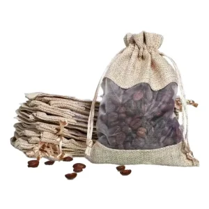 Wholesale Custom Logo Linen Jute Drawstring Bag Eco-Friendly Cotton Bags with Clear Window for Candy Gift Harvest Festival